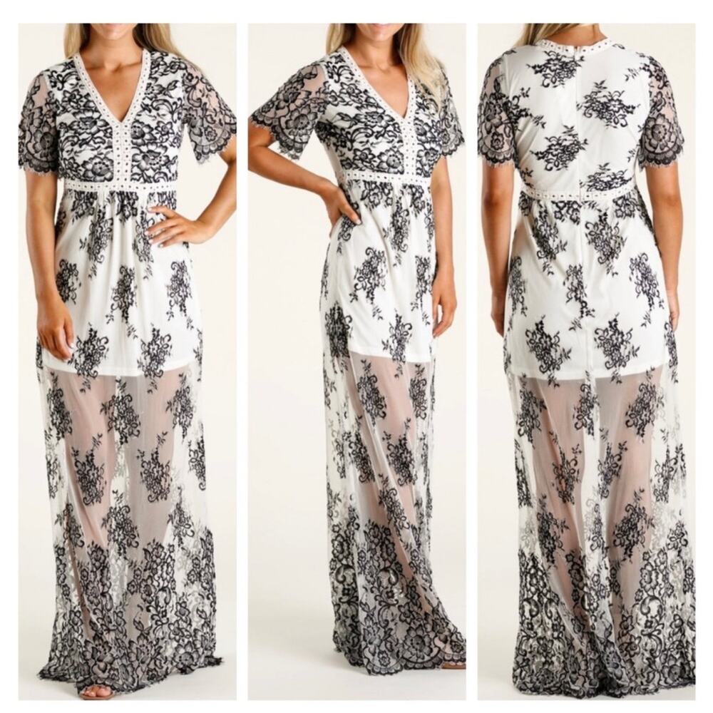 Peach Love California Lace Maxi Dress Sheer Skirt Size Small White and Black